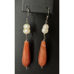 Vintage Sterling Silver Faceted Carnelian & Twin Pearls Dangle Earrings 3.25"